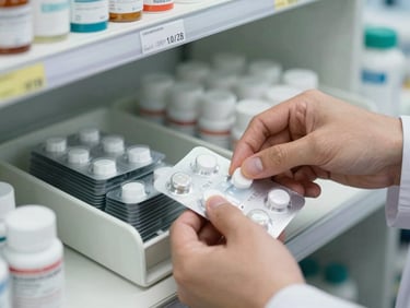 Close detail of a pharmacist's hands placing labeled medication blister packs into a dispensing tray under bright institutional lighting, pharmacy shelving in the background, sharp focus