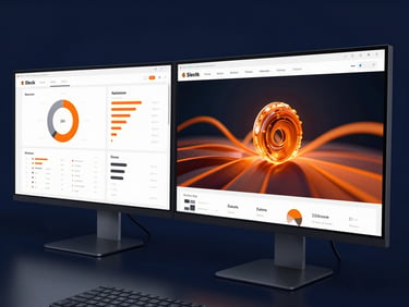 Sleek modern workspace with dual monitors displaying complex analytics, macro focus on clean UI dashboard, vibrant orange accent glows, deep navy background.