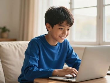 A young Muslim boy smiling warmly while looking at a laptop screen in a comfortable home living room. Soft golden-hour window light illuminates his face, creating a gentle and encouraging atmosphere. Rich royal blue and warm ivory tones, shallow depth of field.