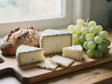 A rustic wooden board with local organic cheeses, freshly baked spelt bread, and grapes, warm natural light, 35mm film