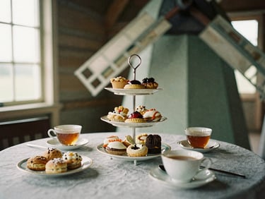 Cozy high tea table setting with rustic pastries, cups of tea, warm lighting, inside a historic wooden windmill, 35mm film