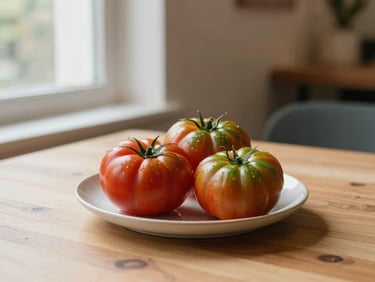 Warm editorial photography, soft natural morning light from the side, a minimalist plate of fresh heirloom tomatoes on a light wooden table inside a Scandinavian style restaurant, shallow depth of field, 35mm.