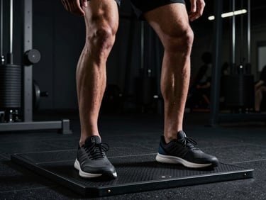 Close-up of a professional athlete performing a force plate test in a dark-mode elite training facility, high-contrast lighting highlighting muscle definition