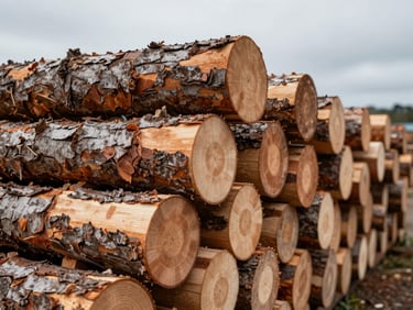 Close-up of FSC-certified timber logs stacked horizontally in a Bolivian processing facility, flat overcast natural light showing grain rings and bark texture clearly, depth receding into a row of logs behind