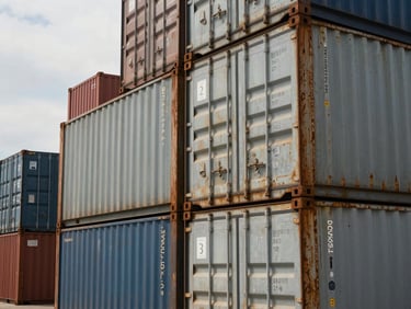 Close-up of stacked shipping containers at a Bolivian inland freight terminal, overcast natural daylight, rust and steel textures in focus, logistics infrastructure visible in background