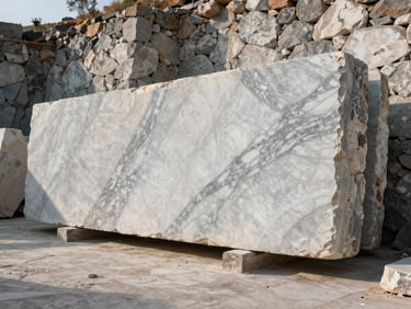 Marble slabs leaning upright against a stone wall in a Bolivian quarry facility, early morning natural light revealing white-grey veining across the cut face, rough unfinished stone floor in the foreground