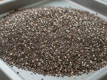 Close-up wide shot of raw chia seeds spread flat on a processing surface at a Bolivian facility, soft overcast daylight, fine grain texture clearly visible, no people