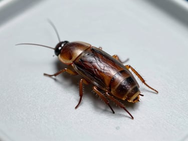 Macrofotografia científica de uma barata de esgoto em superfície estéril cinza-clara, iluminação clínica de alta precisão.