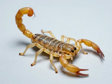 Macro photography of a yellow scorpion on a clean sterile light gray surface, clinical lighting, sharp focus on the stinger, no shadows, high-contrast scientific style.