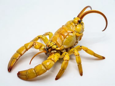 Escorpião amarelo em fundo branco estéril, detalhe anatômico nítido, iluminação clínica sem sombras dramáticas.
