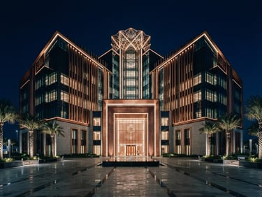 Symmetric architectural perspective of a modern sovereign corporate headquarters in Ajman, dramatic low-key lighting, brushed copper highlights, 35mm