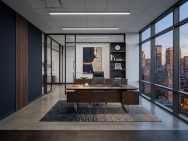 Architectural interior of a modern, high-contrast B2B executive office space, clean studio lighting, cool shadows, warm highlights, structured lines, with a large window on the right side.