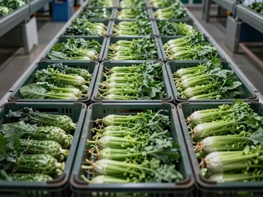 Overhead close-up of AAA-grade sorted vegetables in open export crates on a grading line — uniform green produce arranged in rows, cold storage environment visible in background, natural cold-chain facility lighting, no lifestyle props