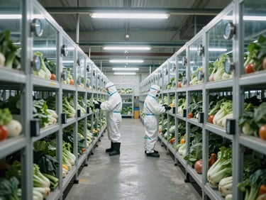 Wide row of vegetable cold-chain storage units at Subang facility, temperature gauges visible, workers in protective gear, fluorescent lighting