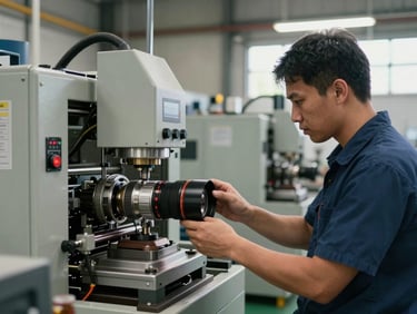Technician calibrating CTC processing equipment at Bukanagara factory, machinery in background, natural factory lighting