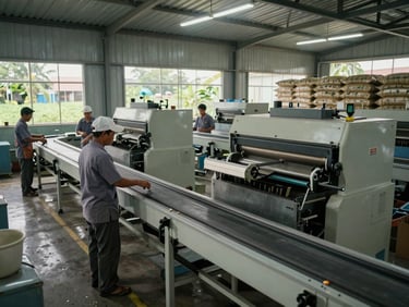 Wide-angle interior of a CTC tea processing factory floor in West Java, conveyor lines and sorting machinery in operation, workers in uniform monitoring production, natural daylight through industrial windows, stacked product bags visible in background