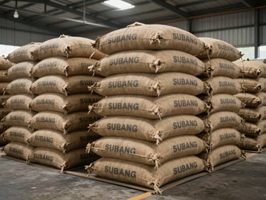 Wide-angle shot of bulk tea sacks stacked in a warehouse at Subang factory — large woven jute bags labeled by grade, natural overhead warehouse lighting, no staging, documenting bulk ready-to-ship inventory