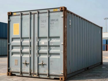 Shipping container sealed and tagged for export at Tambaksari loading dock, midday daylight, documentary framing