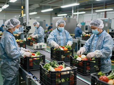 Wide shot of on-site packaging line with workers in hygiene gear sealing vegetable crates, conveyor belt and industrial packaging equipment visible, cool facility lighting, documentary style