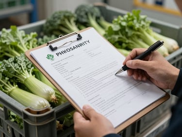 Close-up of official phytosanitary inspection documentation on a clipboard held over a crate of export vegetables in a packing facility, natural facility lighting, no styled poses