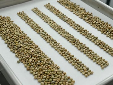 Overhead flat-lay of Indonesian green coffee beans arranged on a clean white sorting surface inside a processing facility, natural daylight illuminating the pale green bean color and uniform grading, West Java origin