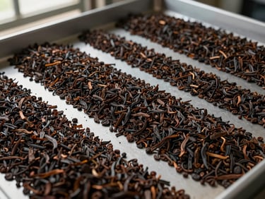 Close-up overhead shot of sorted CTC black tea granules on a sorting tray under factory lighting, uniform dark brown particles clearly graded, natural daylight from a side window