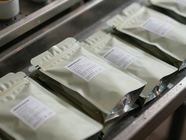 Close-up overhead shot of premium retail tea packaging on a sorting table — sealed foil pouches with visible weight labels, natural factory lighting, no lifestyle styling, documenting finished packaged product ready for retail dispatch