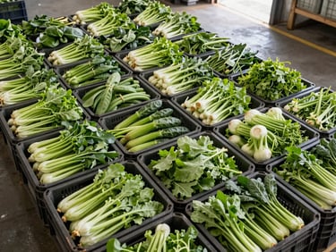 Wide overhead shot of AAA-grade fresh vegetables sorted and arranged in export crates on a cold-chain facility floor, natural daylight through warehouse openings, crisp greens and consistent sizing visible