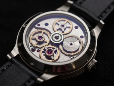 Macro photography of an automatic watch movement through an exhibition sapphire caseback, gears and ruby jewels visible, dramatic low-key lighting.