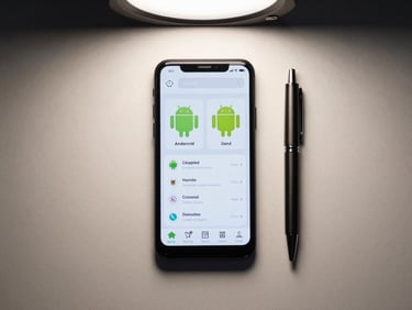 Overhead flat-lay of an Android phone displaying a clean utility app interface on a light desk surface, single pen beside it, studio light from above, no hands
