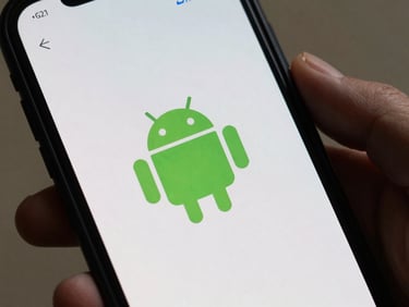 Close-up of a phone screen showing a clean minimal Android game UI with simple geometric shapes on a light background, natural daylight from one side, no hands