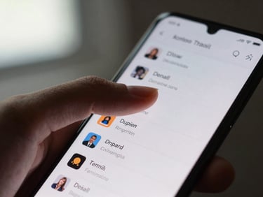 Close-up of a single finger scrolling through a clean Android app list on a phone screen, minimal UI, cool natural window light, shallow focus on the screen