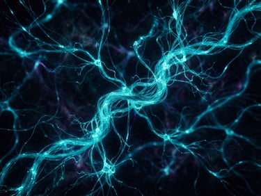 Macro close-up of bioluminescent cyan fiber optic threads twisting like neural pathways in a deep black cosmic void, 35mm lens, dark cinematic photography