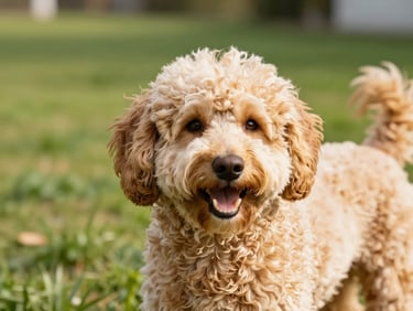 A perfectly groomed, fluffy golden doodle dog with a neat teddy bear cut, smiling happily, bright warm natural daylight, 35mm.
