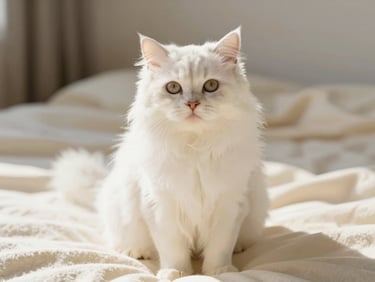 A clean, fluffy long-haired white cat with beautifully brushed fur, sitting on a soft cream blanket, warm natural light, 35mm.