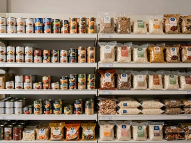 Overhead shot of neatly arranged packaged food products on warehouse shelving — canned goods, dry staples, and packaged rice in clean rows, bright diffused studio lighting, no people