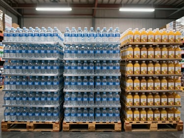 Straight-on shot of palletized beverage cases stacked in a clean warehouse bay, water bottles and juice cartons in uniform rows, bright overhead fluorescent lighting, organized and clinical