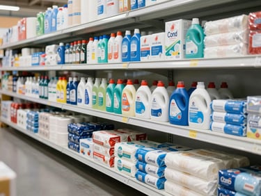 Wide-angle corner view of organized household goods shelving in a distribution center — cleaning products, paper goods, and packaged household items in neat stacks, clean white lighting