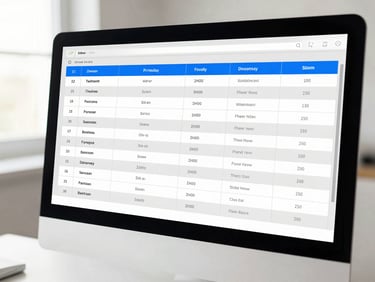 Close-up of a digital schedule grid showing driver names and bus routes on a modern desktop monitor, neutral tones with blue accents, clean tech aesthetic, 50mm