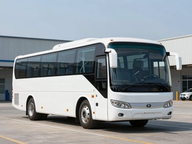 A modern white charter bus parked in a clean logistics terminal under bright natural daylight, crisp details, professional photography, 50mm