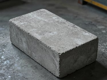 Close-up overhead shot of a single standard gray concrete block on a factory floor, block surface texture clearly visible under cool studio strobe lighting