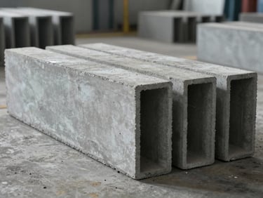 Wide shot of several bond beam concrete blocks laid in a row on a factory floor, U-shaped channel visible, cool industrial lighting from above