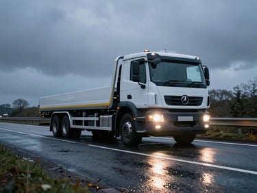 Low-angle heroic shot of a spotless modern flatbed recovery truck parked on a UK highway shoulder at twilight, high-contrast headlights reflecting on wet asphalt, dramatic overcast sky, cinematic 35mm.