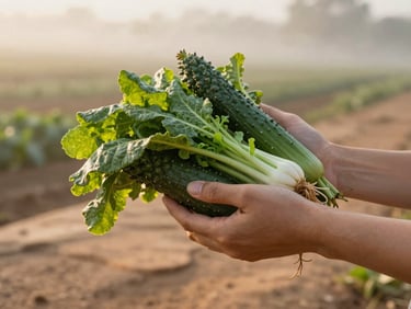 Intimate close-up of hands holding freshly harvested organic produce from the farm, warm morning mist, shallow depth of field