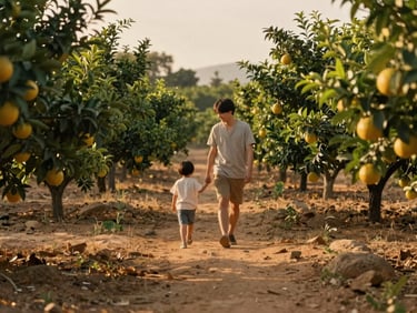Warm golden hour light filtering through a private citrus orchard, a family walking softly along a path, soft focus, earthy tones