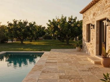 A warm editorial photograph of a sandstone villa pathway at golden hour, private pool reflecting the soft sky, lush green orchard in the background, 35mm