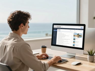 Professional travel agent assisting a client at a clean, modern desk with a computer displaying travel plans, focused, natural daylight, warm desaturated tones, 35mm lens.