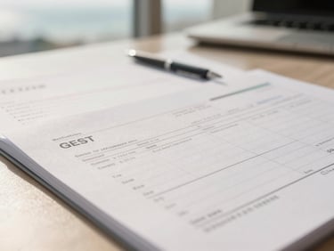 Close-up of a business ledger or invoice with GST details, organized documents, modern office setting, natural daylight, warm desaturated tones, 35mm lens.