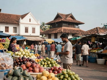 Authentic moment of exploring a vibrant local market in Goa, traditional architecture in background, natural coastal daylight, warm desaturated tones, 35mm lens.