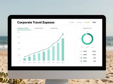 Digital dashboard displaying corporate travel expenses, clean UI, analytics, natural daylight, warm desaturated tones, 35mm lens.